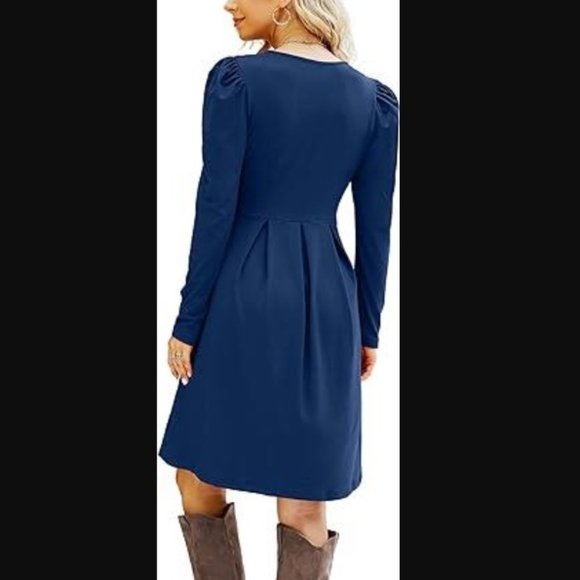 NEW Navy Blue Sz Small Soft Stretchy Microfiber Pleated Dress Side Pockets - Picture 2 of 2